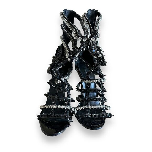 I AM JENNIFER LE Razor High Heel Black Patent Leather Crystal Sandals Size 39 - Picture 6 of 12